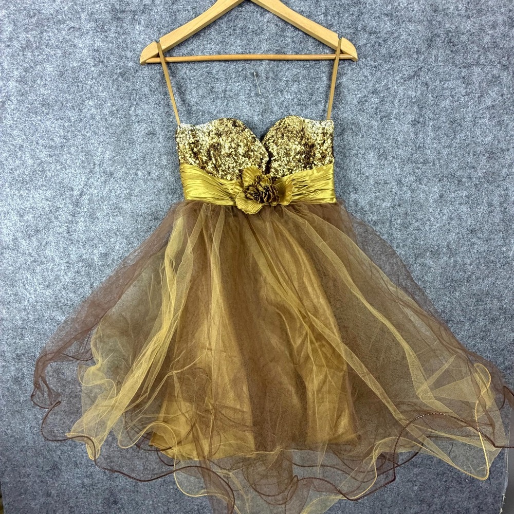May Queen Couture Party Dress Womens 6 Gold Brown Sequin Tulle Sweetheart Neck
